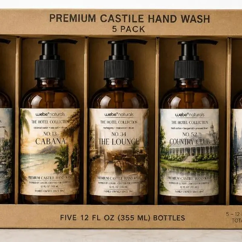 Webe Naturals Hotel Collection Premium Castile Hand Wash Gift Set (Pack of 5) - Cabana, Yacht Club, the Lounge, Country Club, Penthouse Scents - Hydrating, Moisturizing, Cleansing, Aromatherapy, Natural